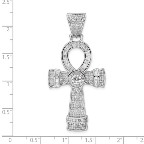 925 Sterling Silver Rhodium-plated Polished Large Unisex CZ Ankh Cross Pendant - Picture 2 of 4